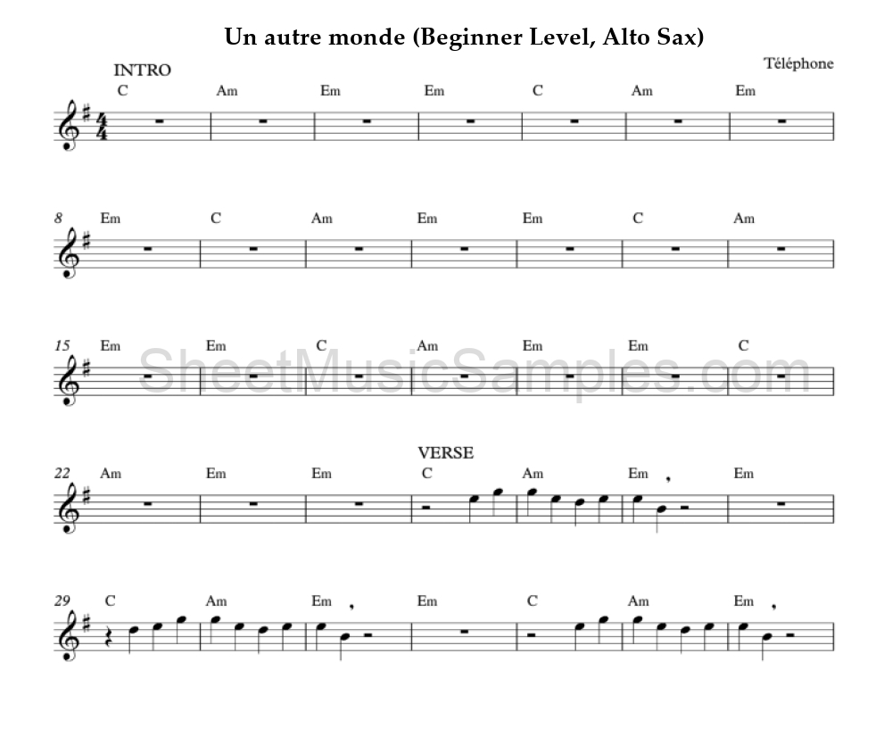 Un autre monde (Beginner Level, Alto Sax)