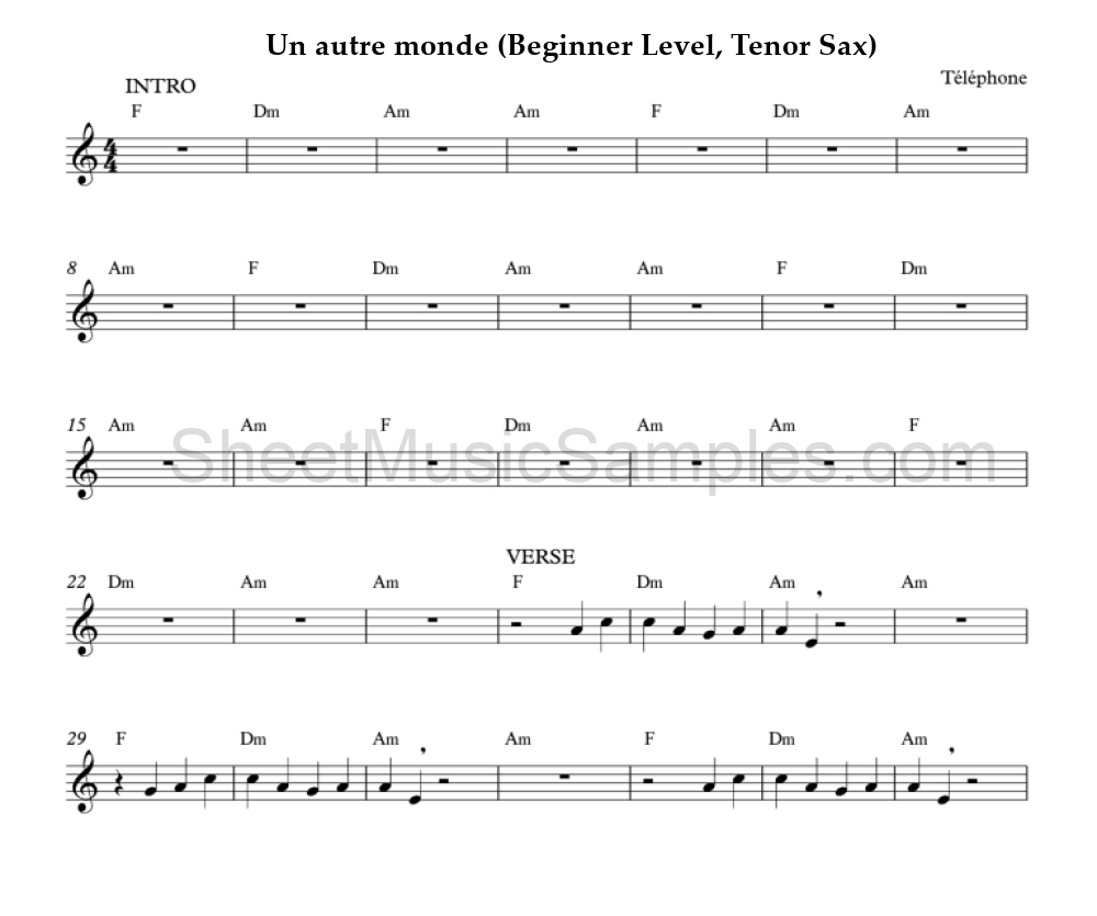 Un autre monde (Beginner Level, Tenor Sax)