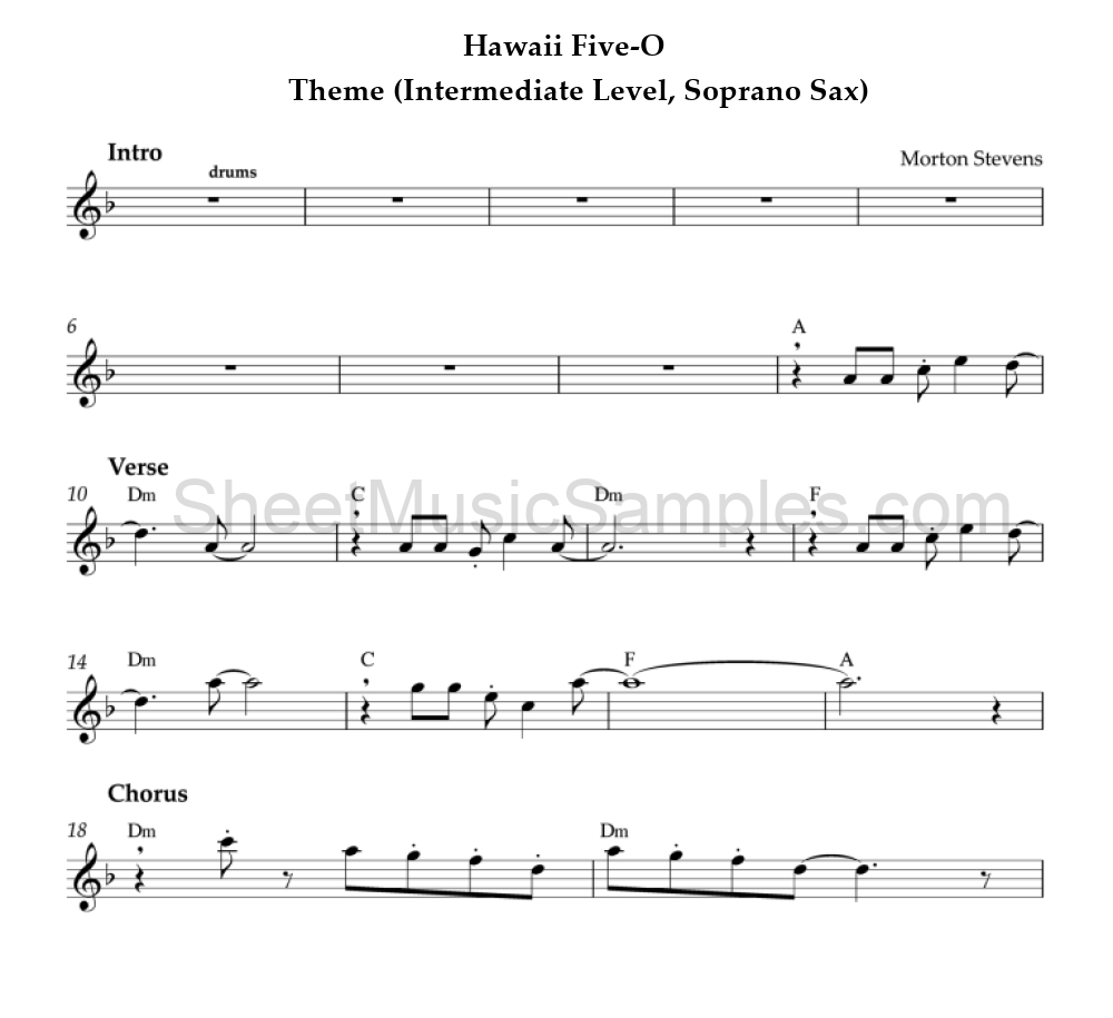 Hawaii Five-O - Theme (Intermediate Level, Soprano Sax)