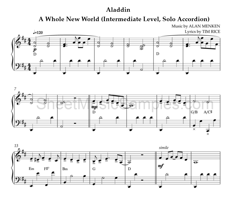 Aladdin - A Whole New World (Intermediate Level, Solo Accordion)