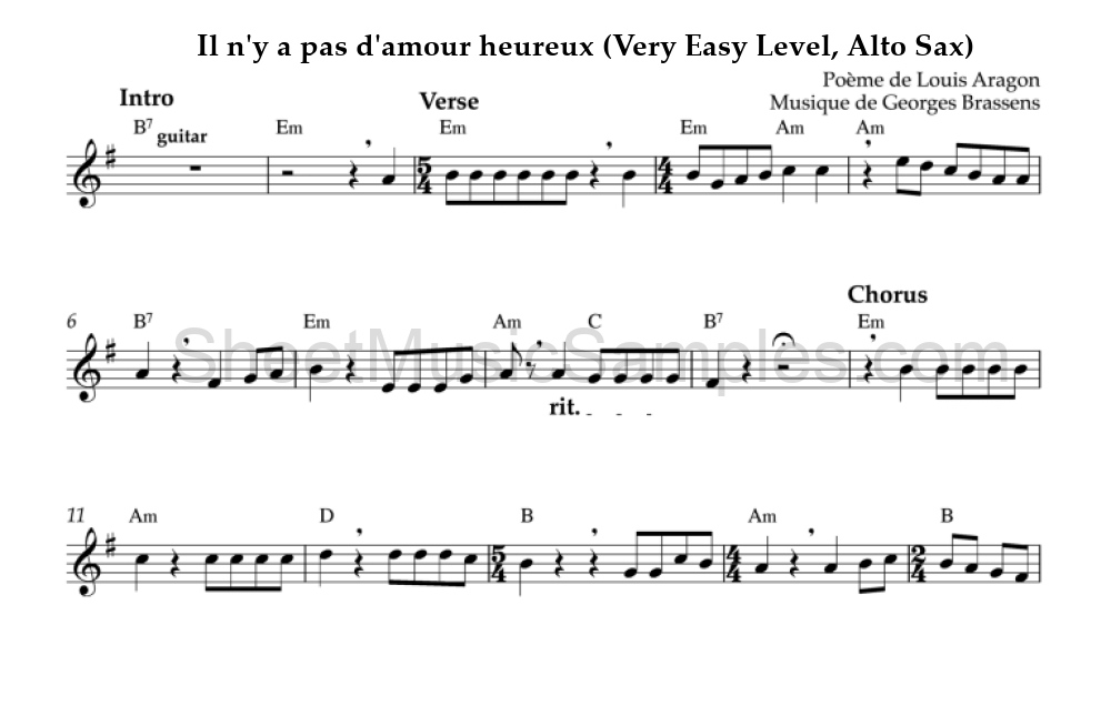 Il n'y a pas d'amour heureux (Very Easy Level, Alto Sax)