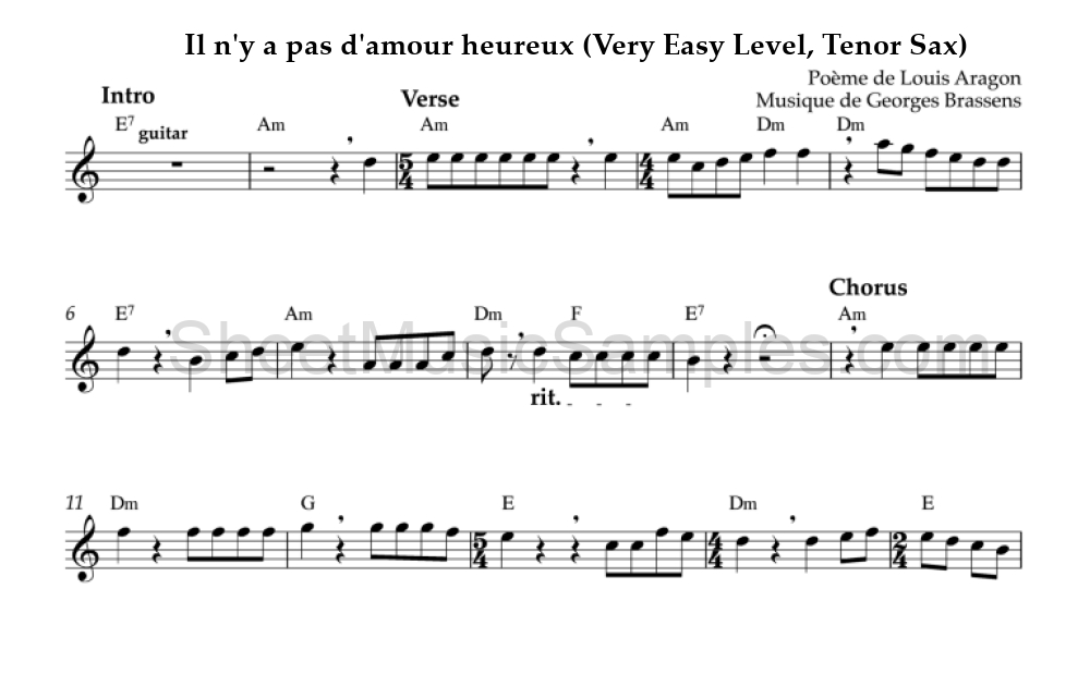 Il n'y a pas d'amour heureux (Very Easy Level, Tenor Sax)