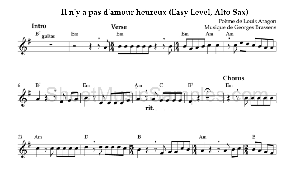 Il n'y a pas d'amour heureux (Easy Level, Alto Sax)