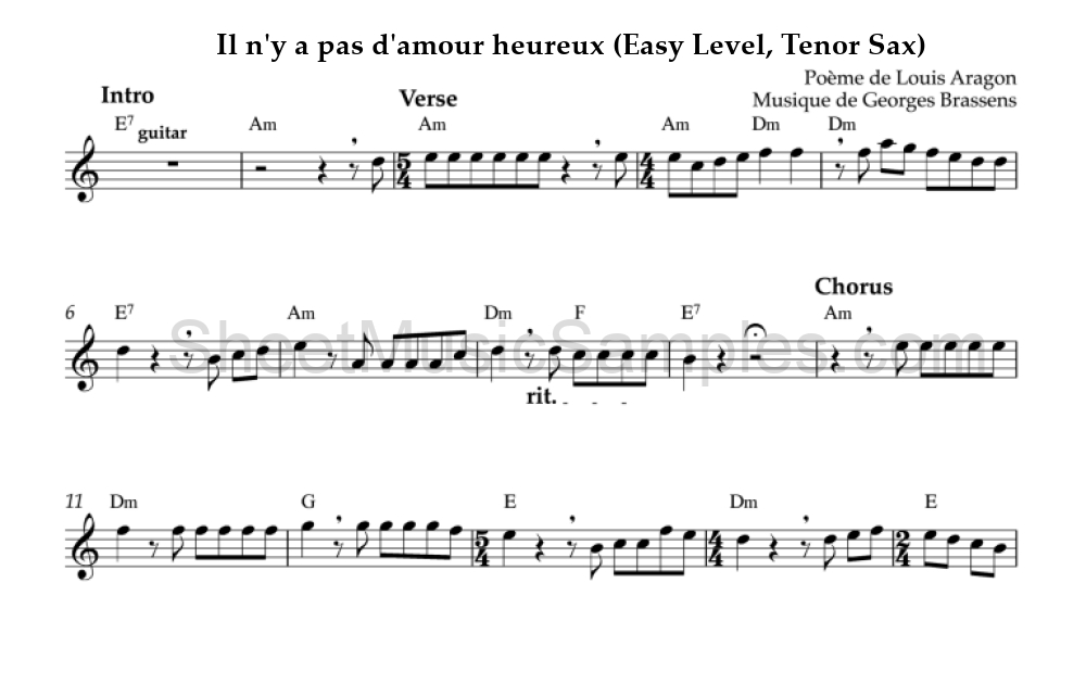 Il n'y a pas d'amour heureux (Easy Level, Tenor Sax)