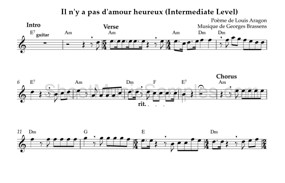 Il n'y a pas d'amour heureux (Intermediate Level)