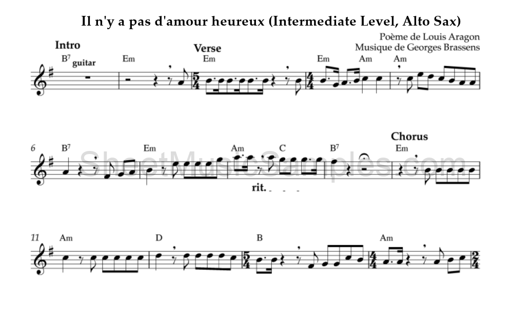 Il n'y a pas d'amour heureux (Intermediate Level, Alto Sax)