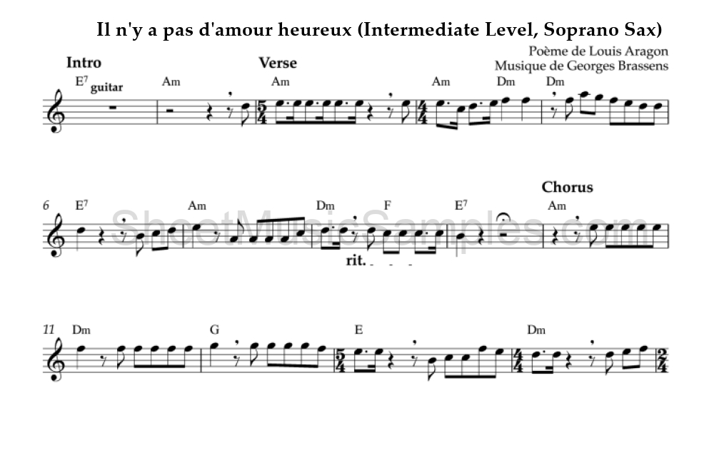 Il n'y a pas d'amour heureux (Intermediate Level, Soprano Sax)