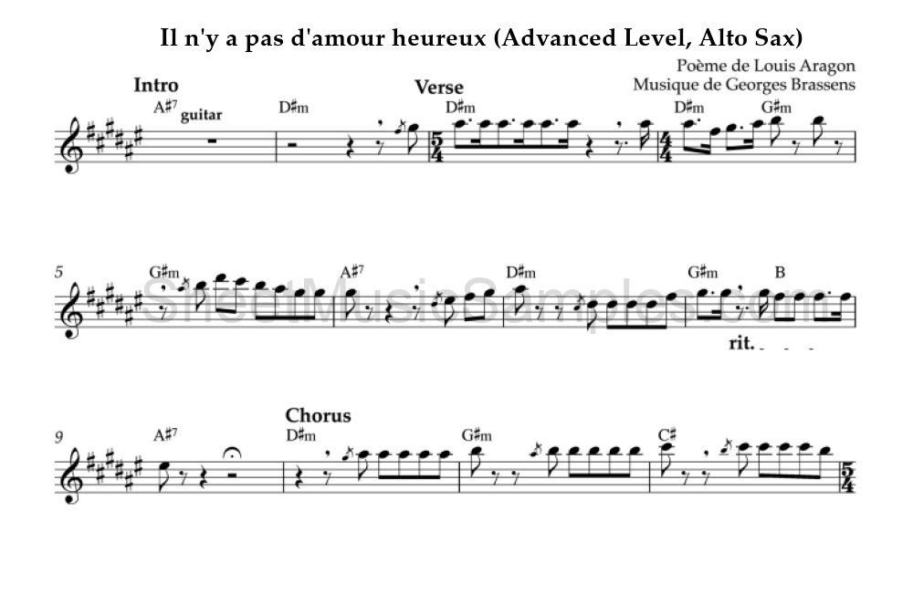 Il n'y a pas d'amour heureux (Advanced Level, Alto Sax)