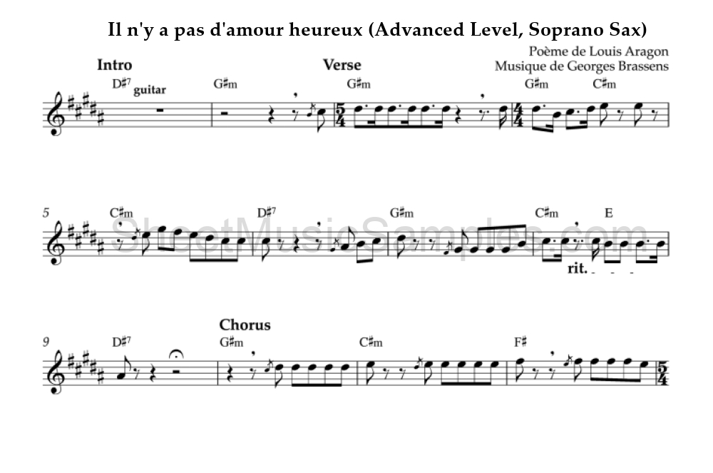 Il n'y a pas d'amour heureux (Advanced Level, Soprano Sax)