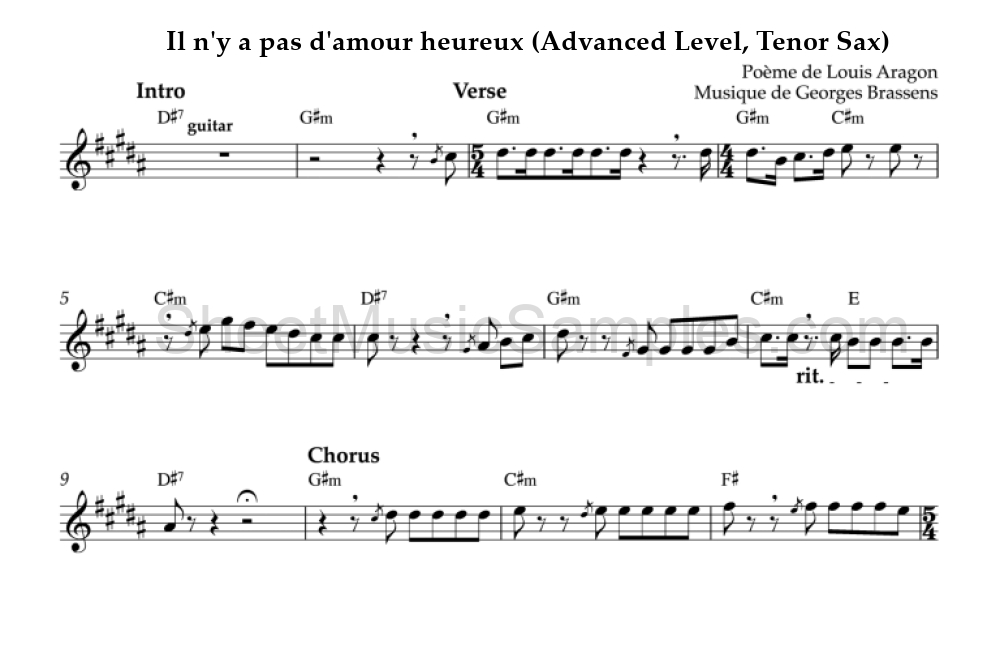 Il n'y a pas d'amour heureux (Advanced Level, Tenor Sax)