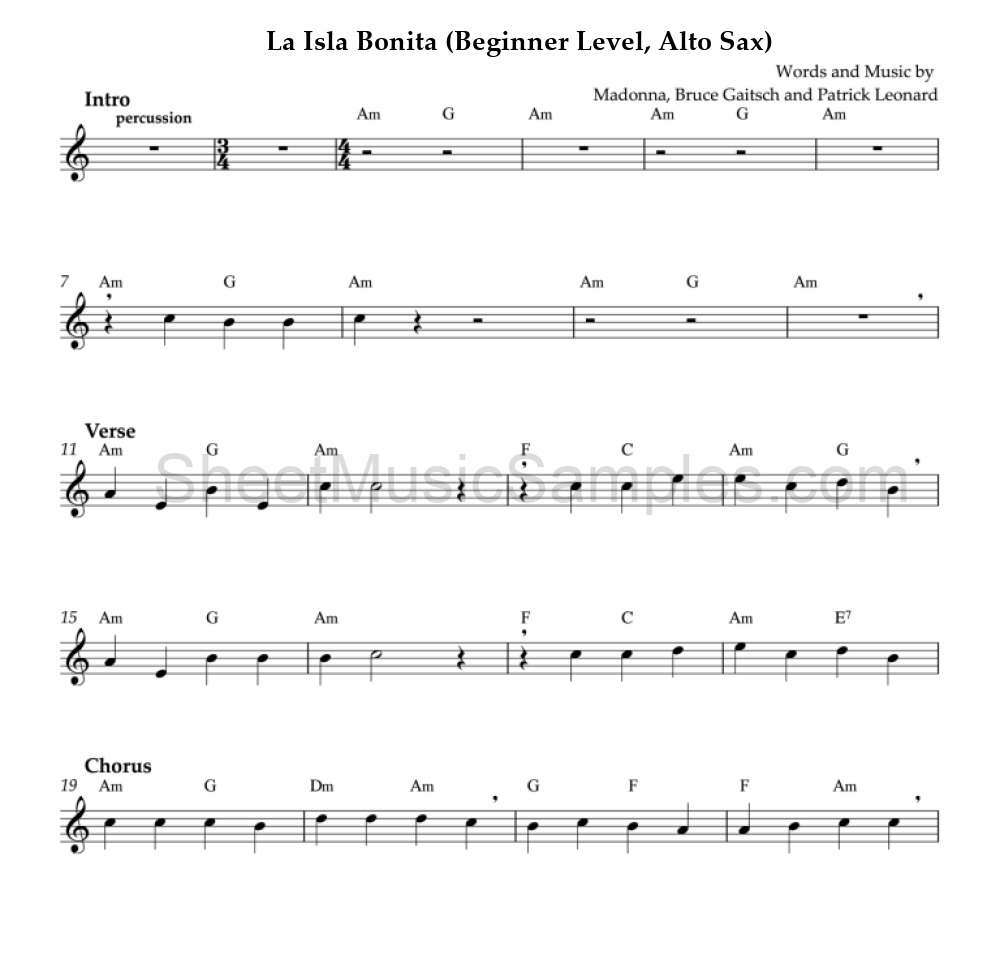 La Isla Bonita (Beginner Level, Alto Sax)