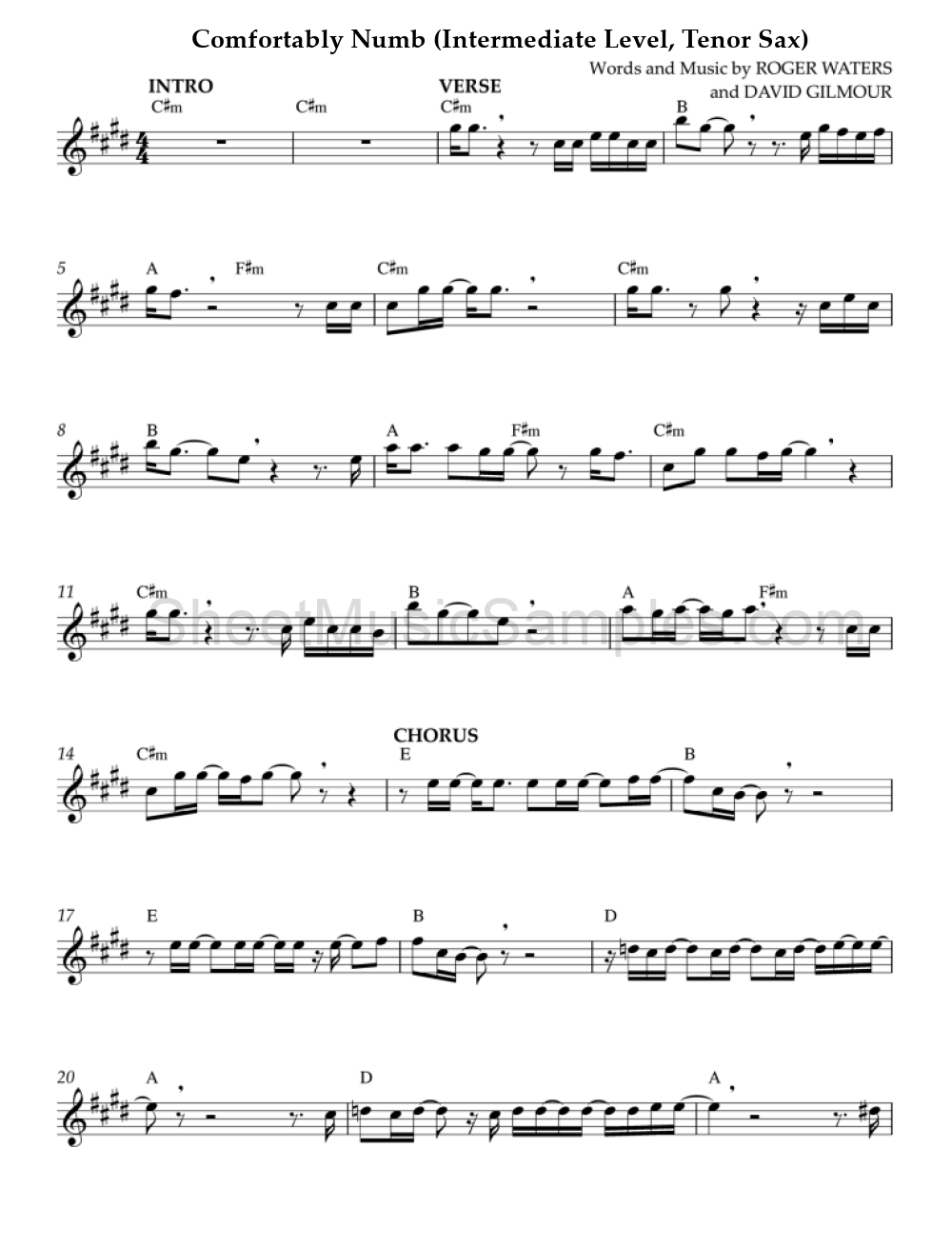 Comfortably Numb (Intermediate Level, Tenor Sax)