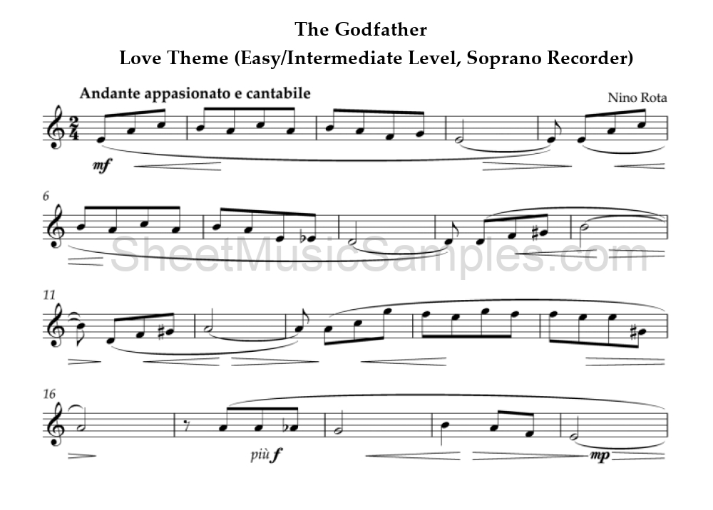 The Godfather - Love Theme (Easy/Intermediate Level, Soprano Recorder)