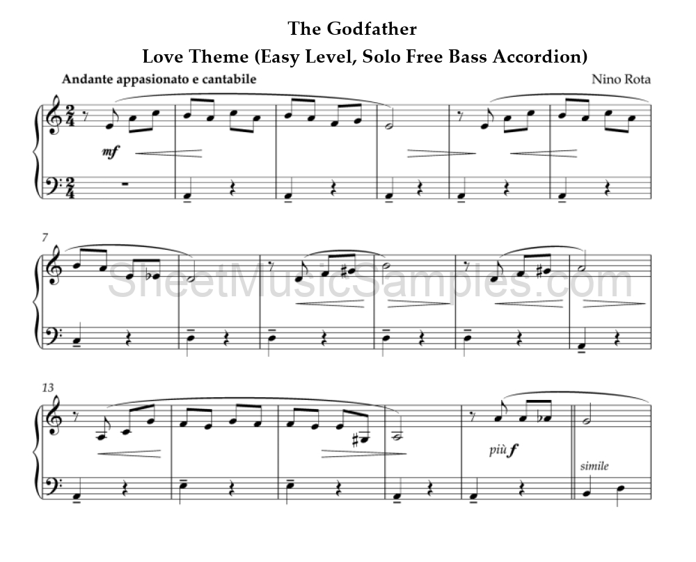 The Godfather - Love Theme (Easy Level, Solo Free Bass Accordion)