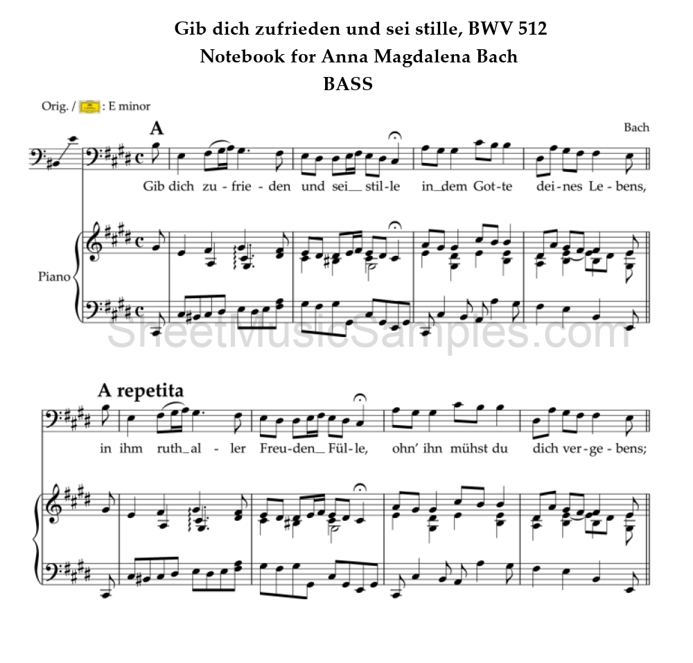 Gib dich zufrieden und sei stille, BWV 512 - Notebook for Anna Magdalena Bach - BASS