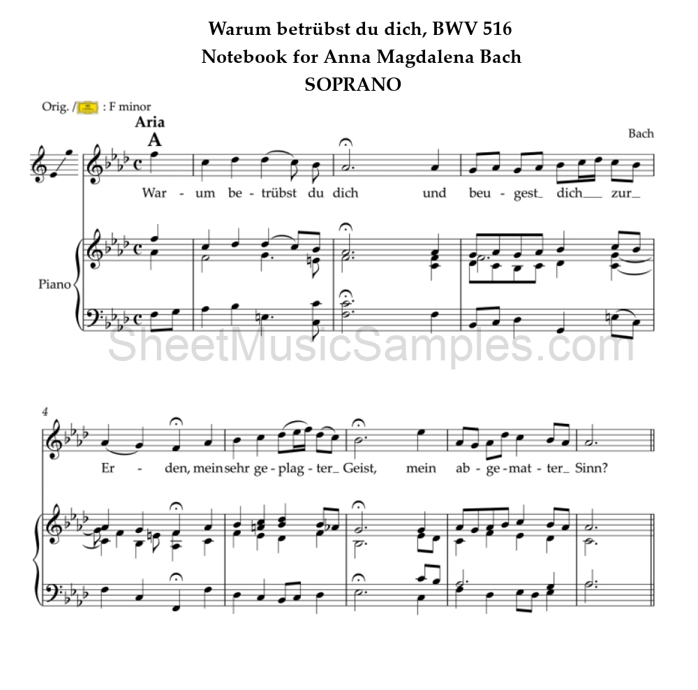 Warum betrübst du dich, BWV 516 - Notebook for Anna Magdalena Bach - SOPRANO