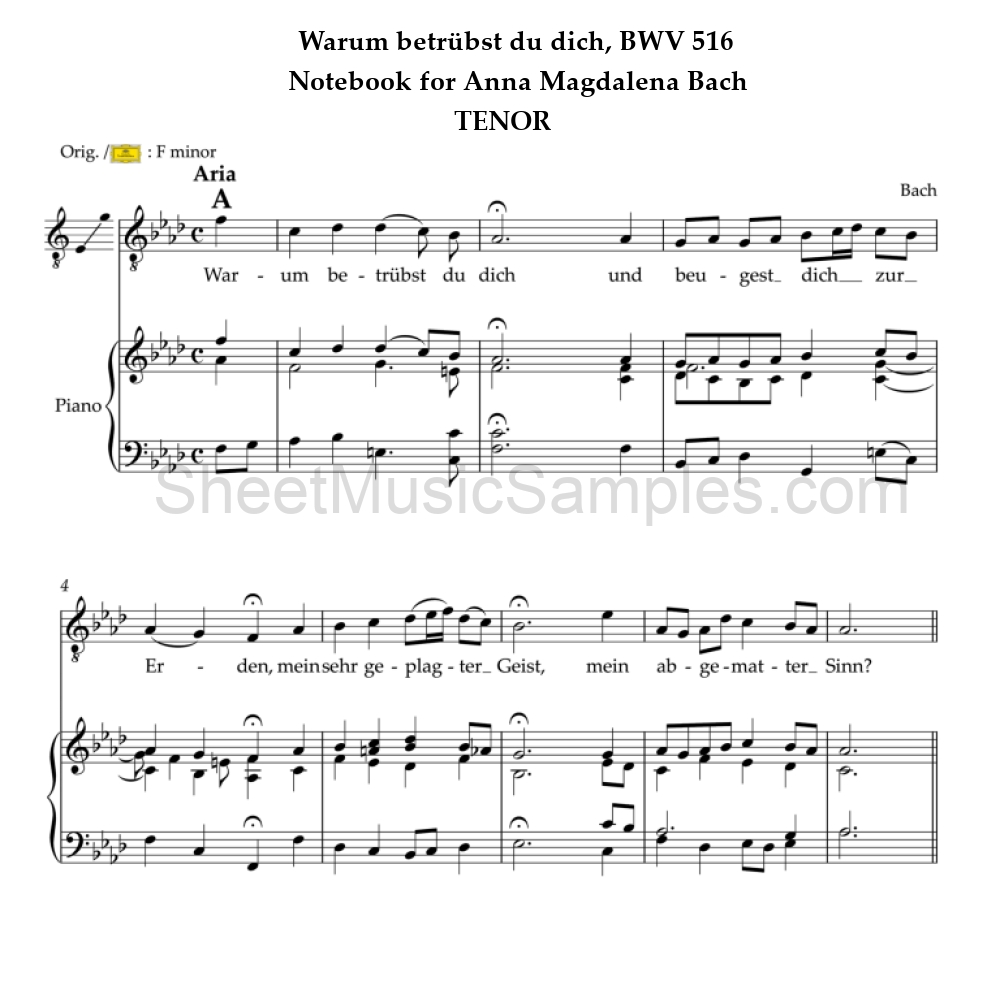 Warum betrübst du dich, BWV 516 - Notebook for Anna Magdalena Bach - TENOR