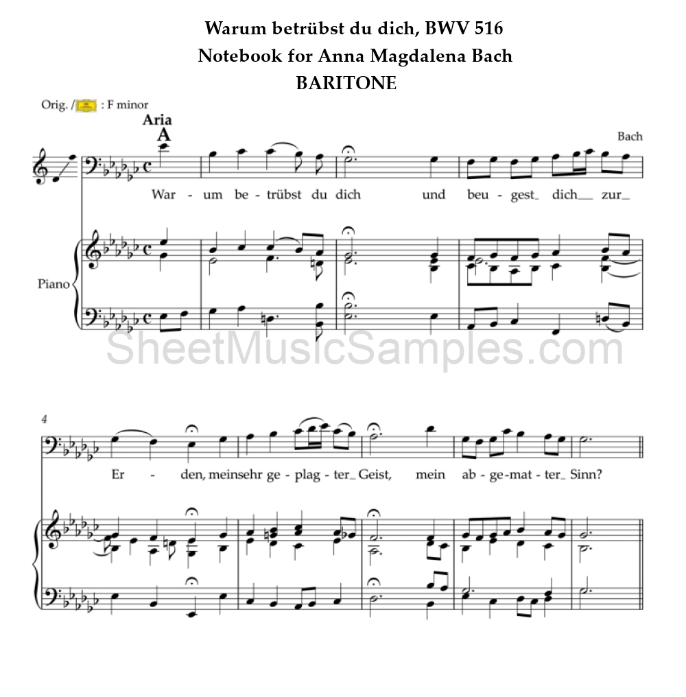 Warum betrübst du dich, BWV 516 - Notebook for Anna Magdalena Bach - BARITONE