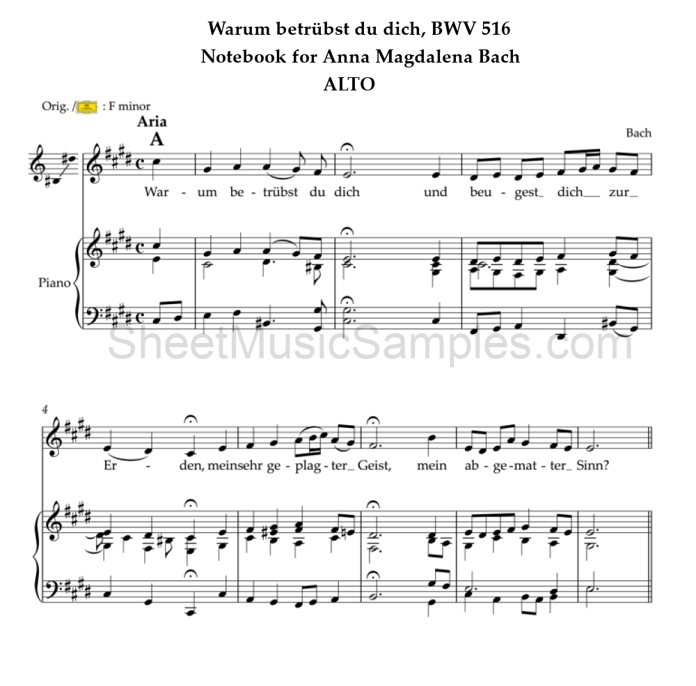 Warum betrübst du dich, BWV 516 - Notebook for Anna Magdalena Bach - ALTO