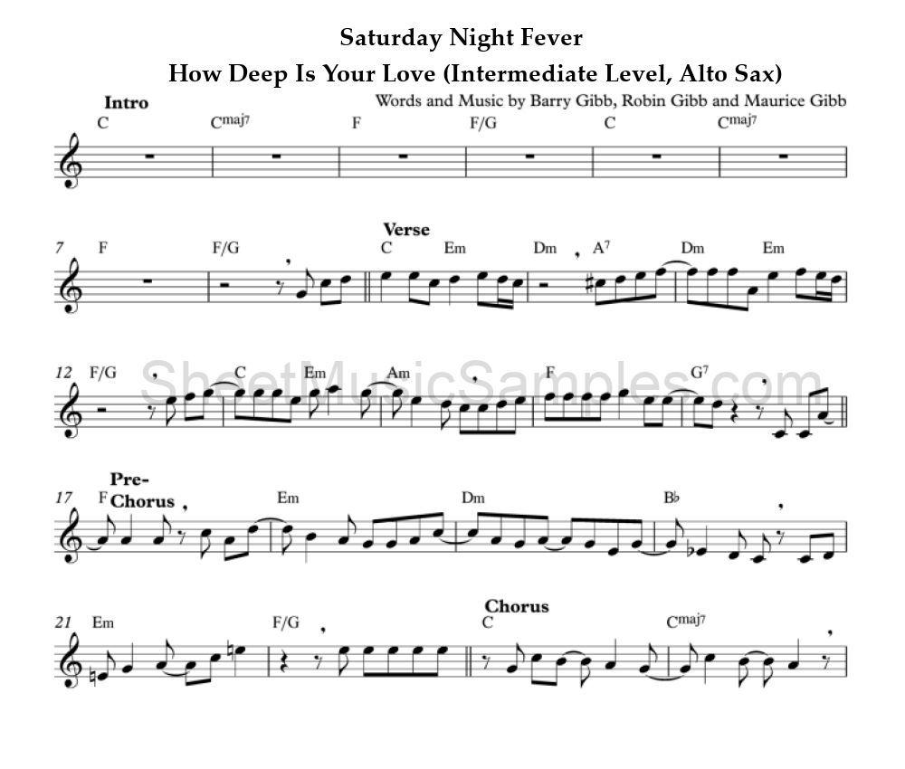 Saturday Night Fever - How Deep Is Your Love (Intermediate Level, Alto Sax)