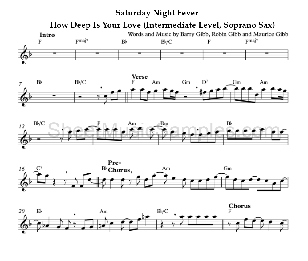 Saturday Night Fever - How Deep Is Your Love (Intermediate Level, Soprano Sax)