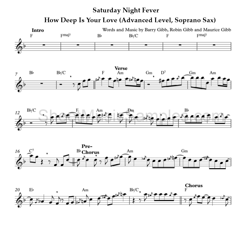 Saturday Night Fever - How Deep Is Your Love (Advanced Level, Soprano Sax)