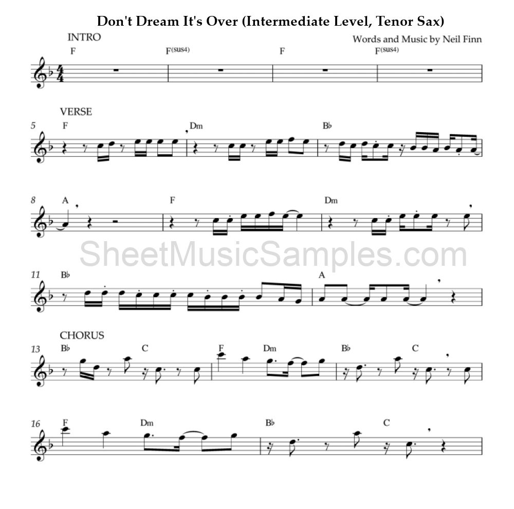 Don't Dream It's Over (Intermediate Level, Tenor Sax)