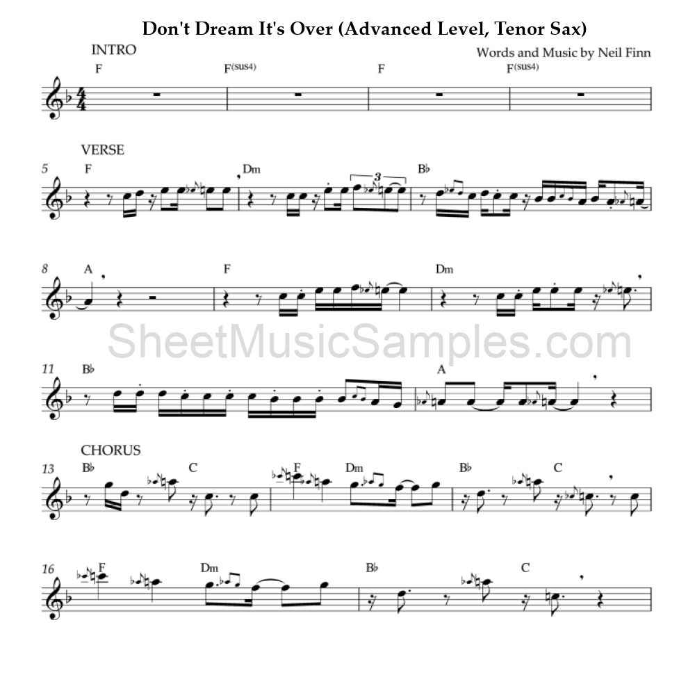 Don't Dream It's Over (Advanced Level, Tenor Sax)