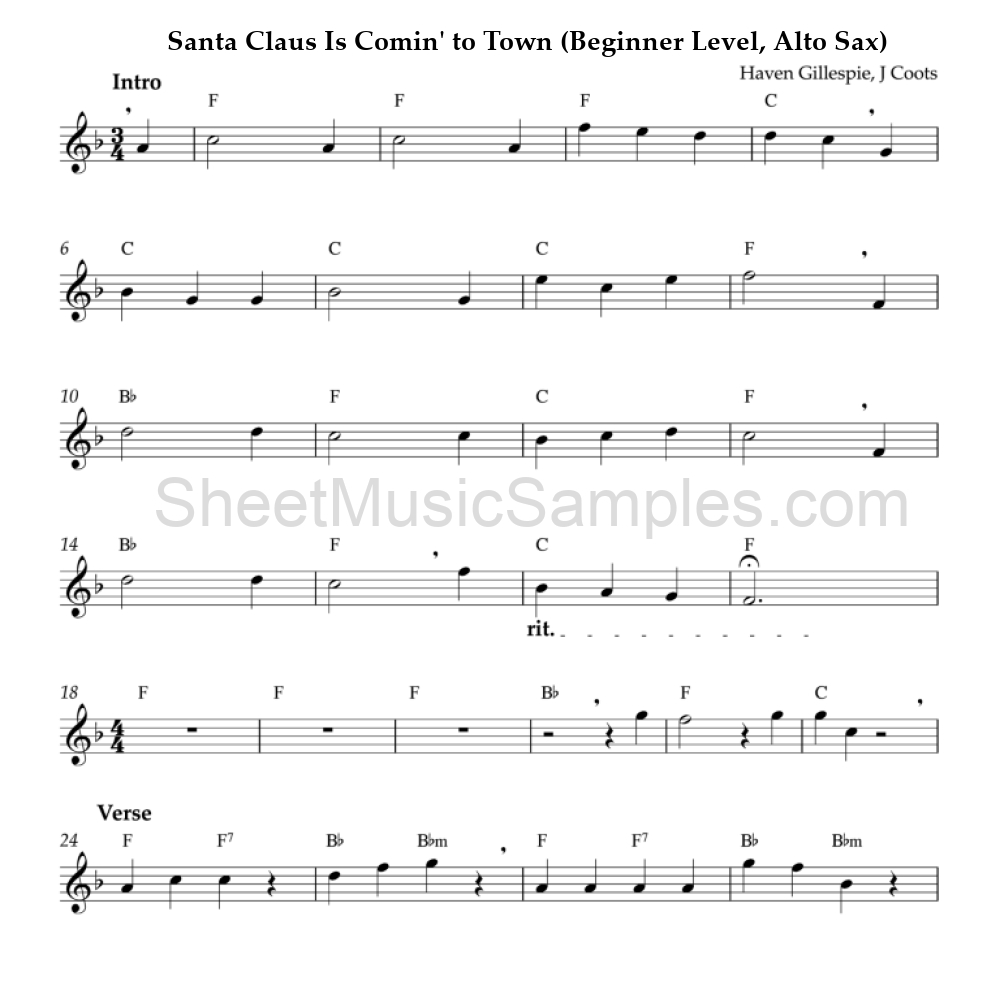 Santa Claus Is Comin' to Town (Beginner Level, Alto Sax)