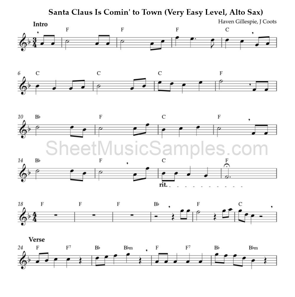 Santa Claus Is Comin' to Town (Very Easy Level, Alto Sax)