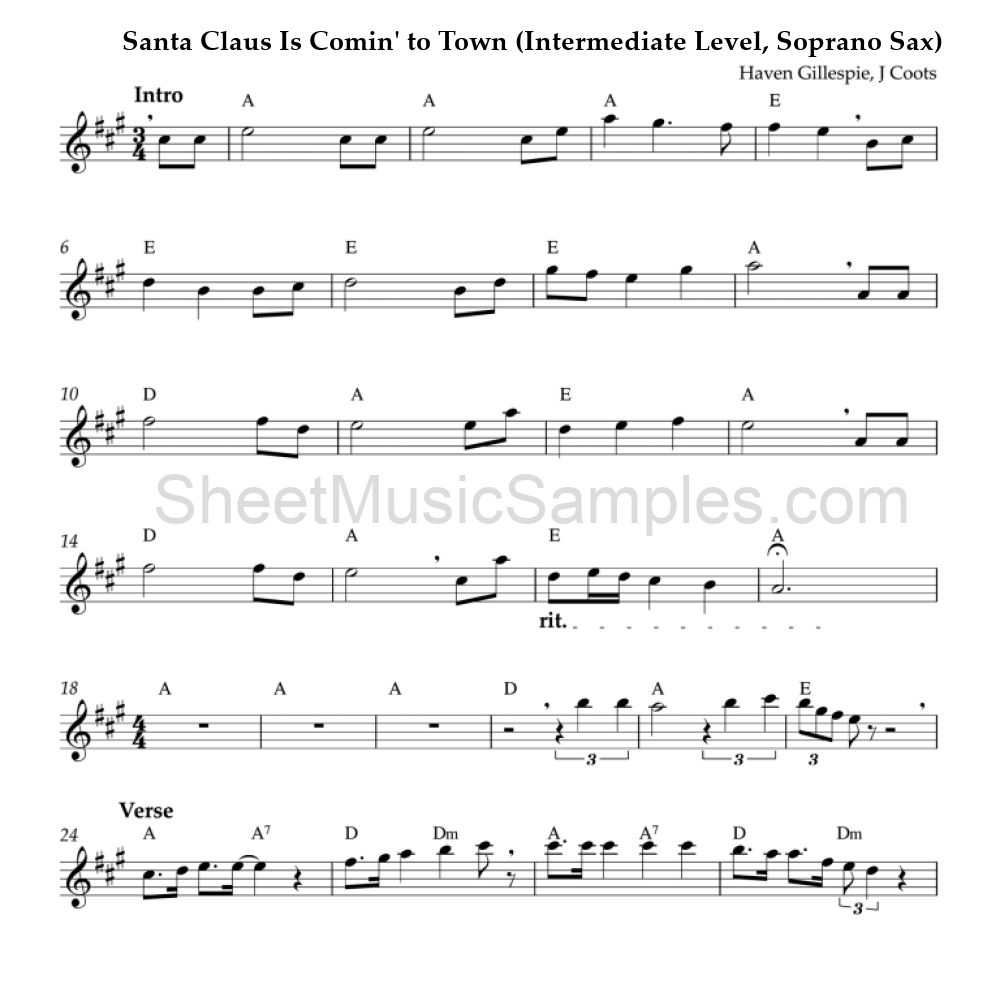 Santa Claus Is Comin' to Town (Intermediate Level, Soprano Sax)