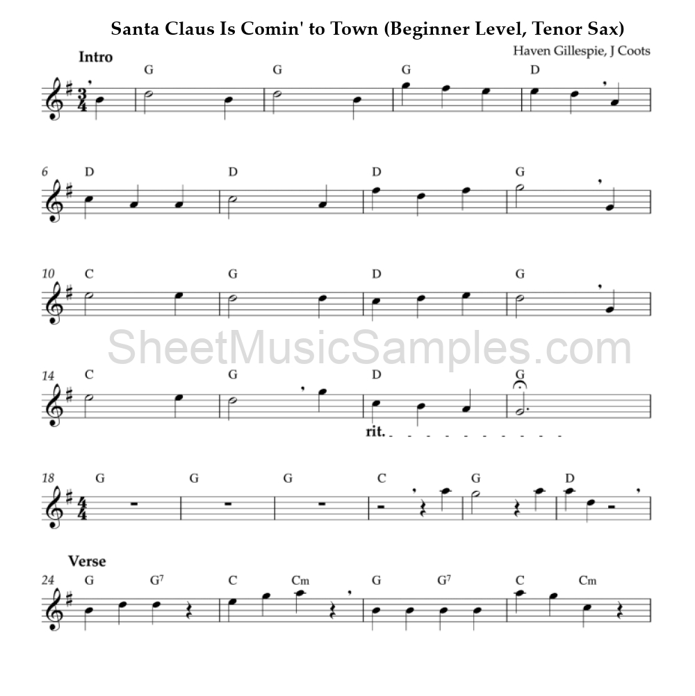 Santa Claus Is Comin' to Town (Beginner Level, Tenor Sax)