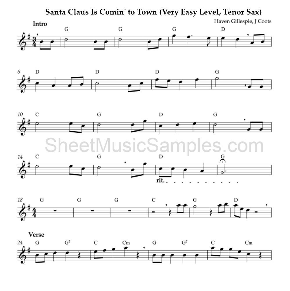 Santa Claus Is Comin' to Town (Very Easy Level, Tenor Sax)