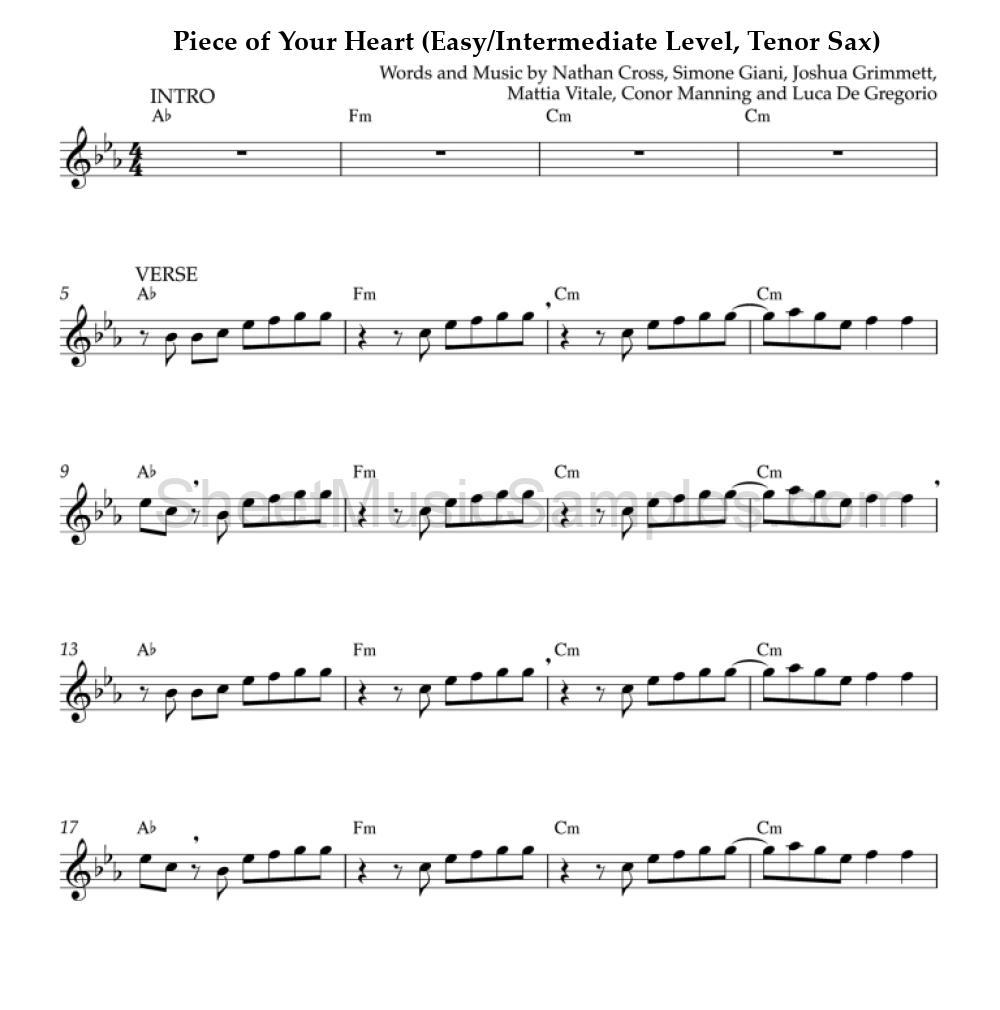 Piece of Your Heart (Easy/Intermediate Level, Tenor Sax)