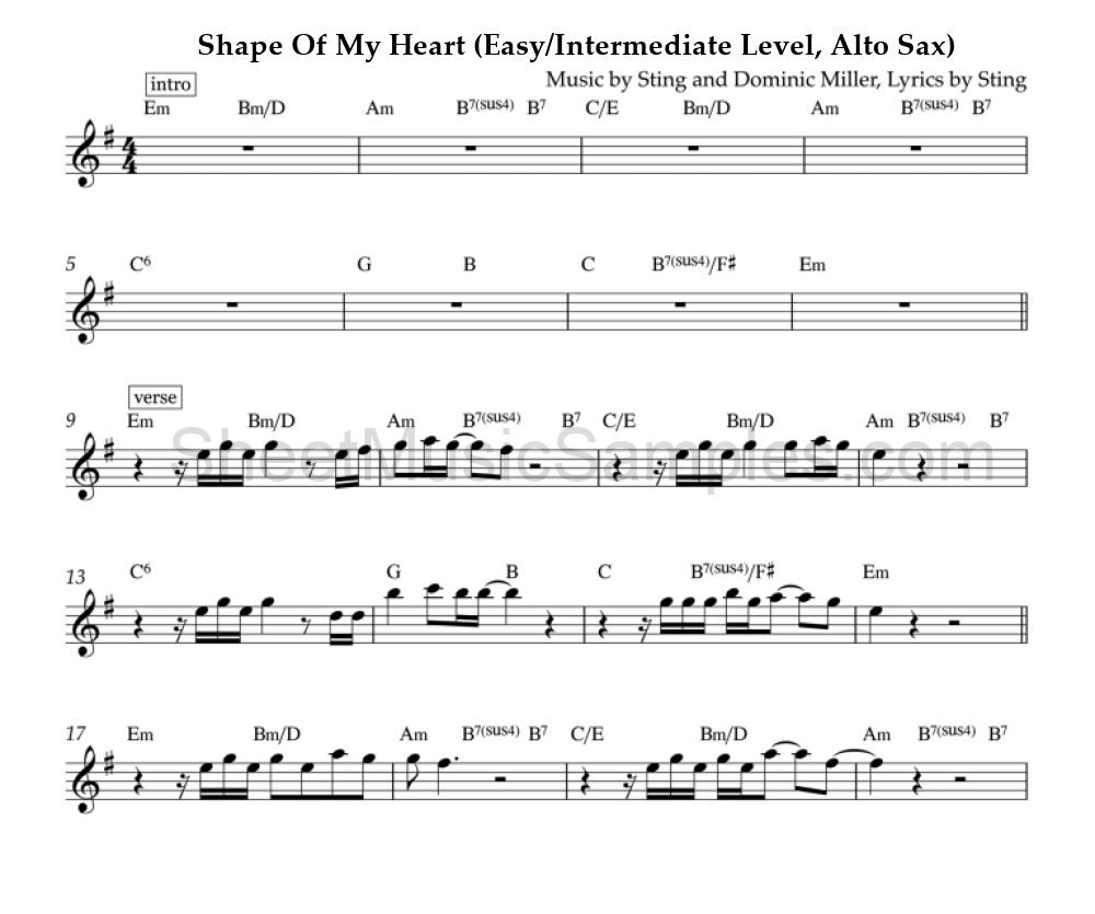 Shape Of My Heart (Easy/Intermediate Level, Alto Sax)