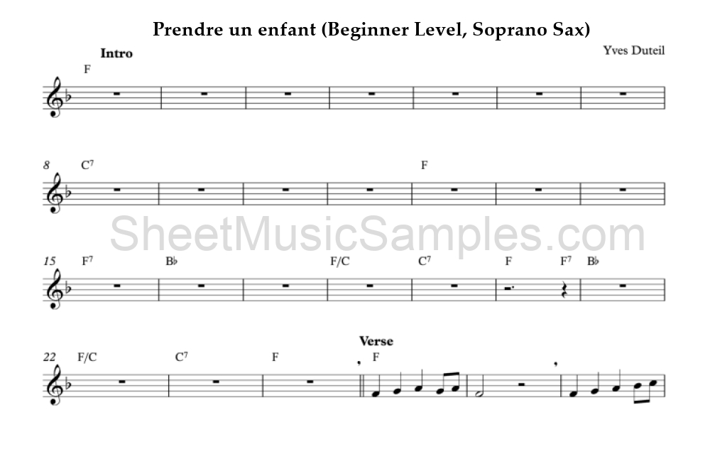 Prendre un enfant (Beginner Level, Soprano Sax)