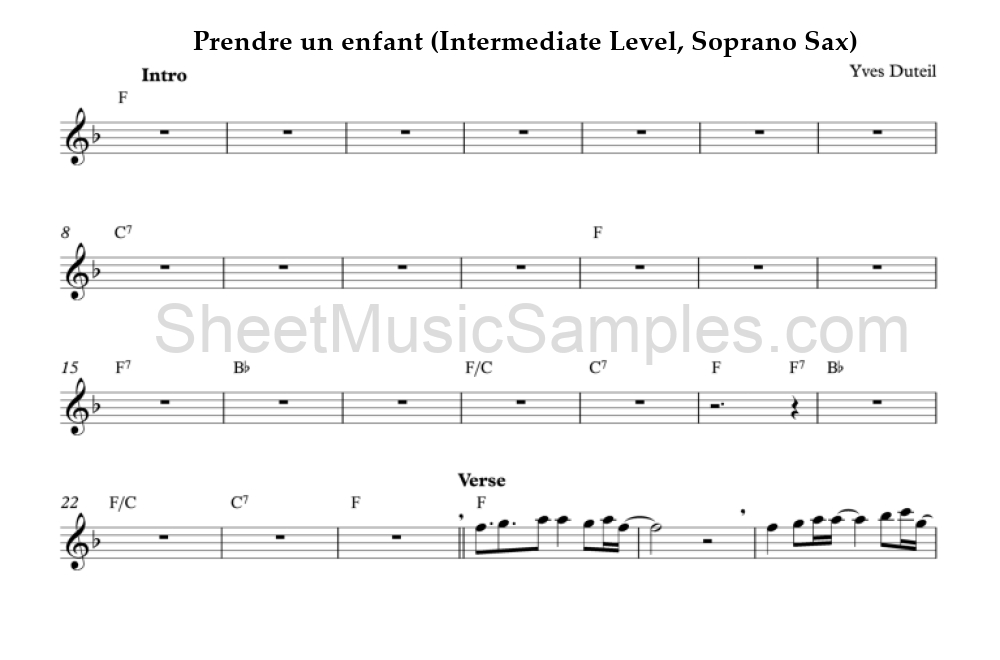 Prendre un enfant (Intermediate Level, Soprano Sax)