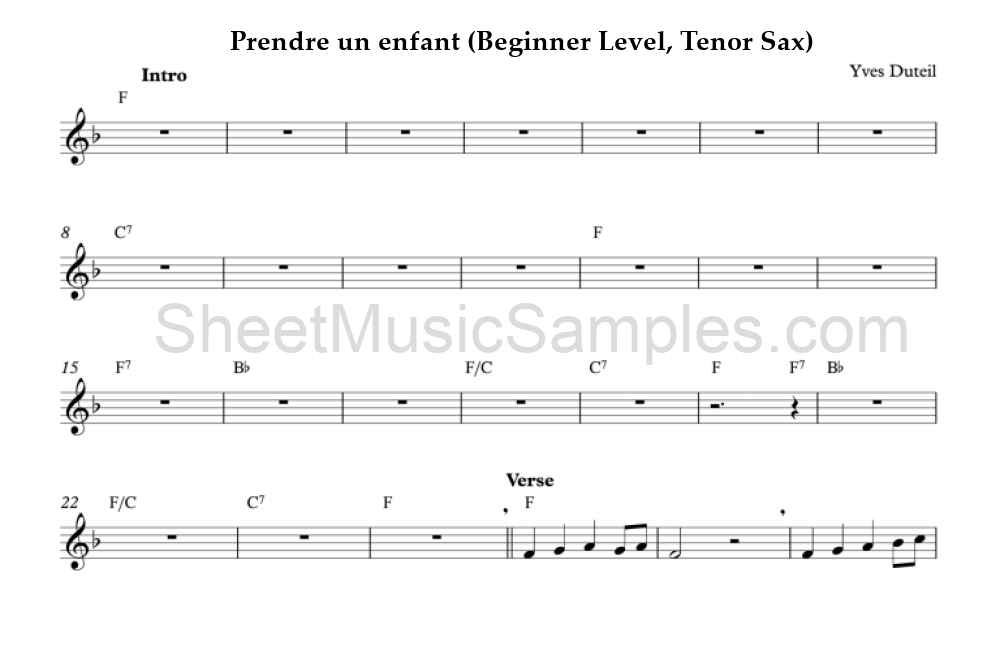 Prendre un enfant (Beginner Level, Tenor Sax)