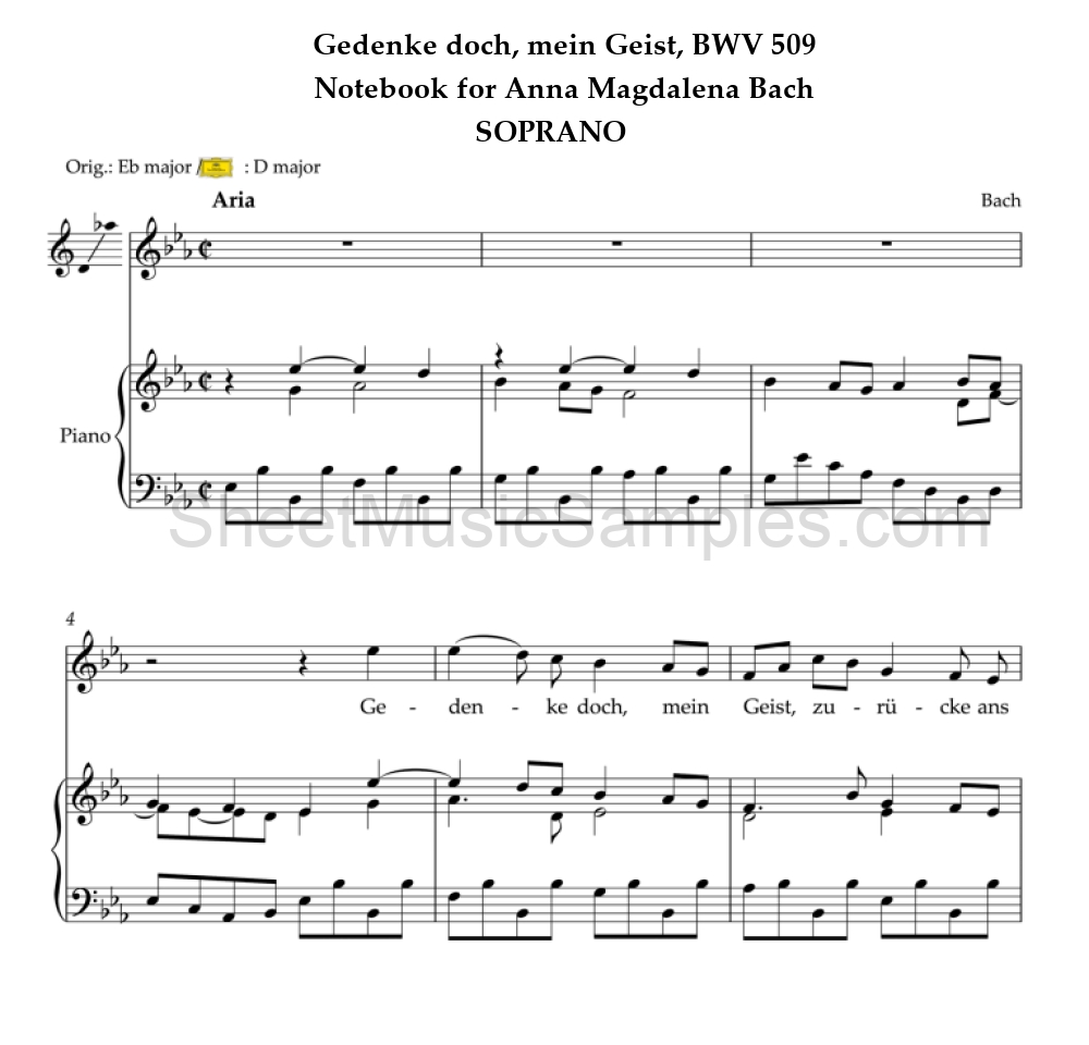 Gedenke doch, mein Geist, BWV 509 - Notebook for Anna Magdalena Bach - SOPRANO