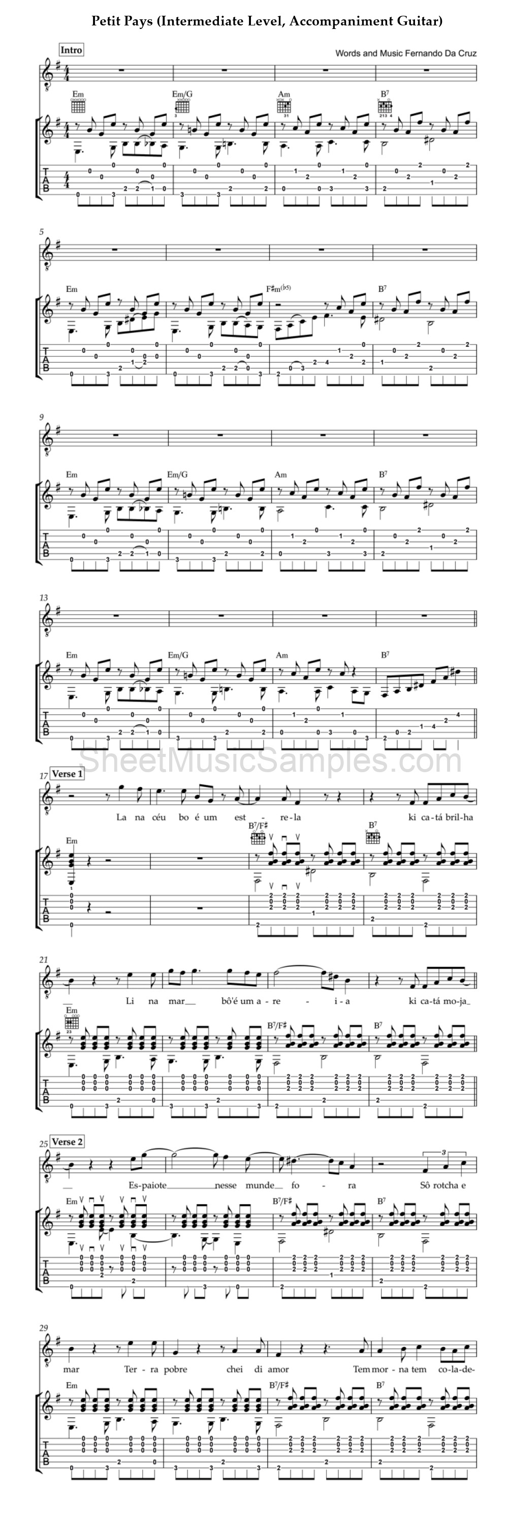 Petit Pays (Intermediate Level, Accompaniment Guitar)