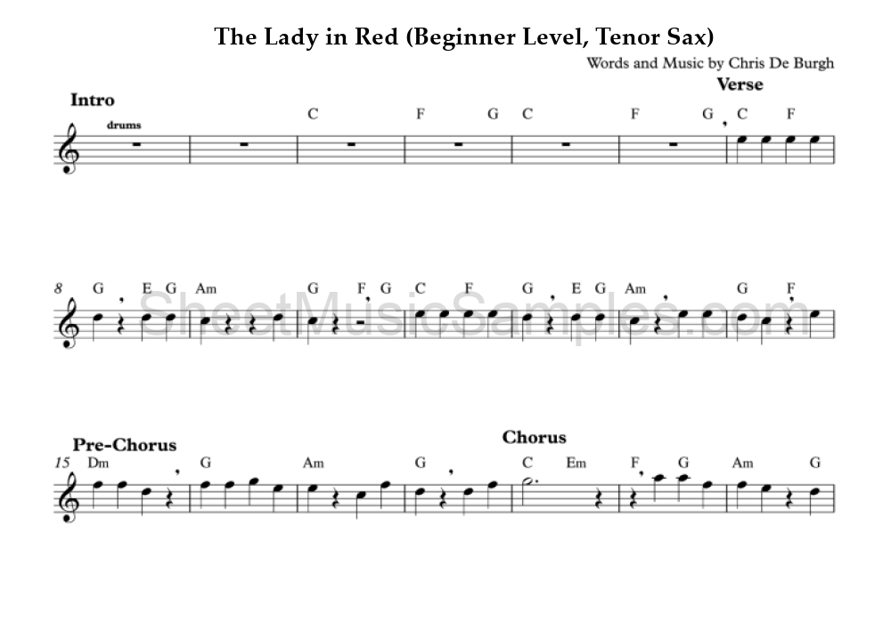 The Lady in Red (Beginner Level, Tenor Sax)