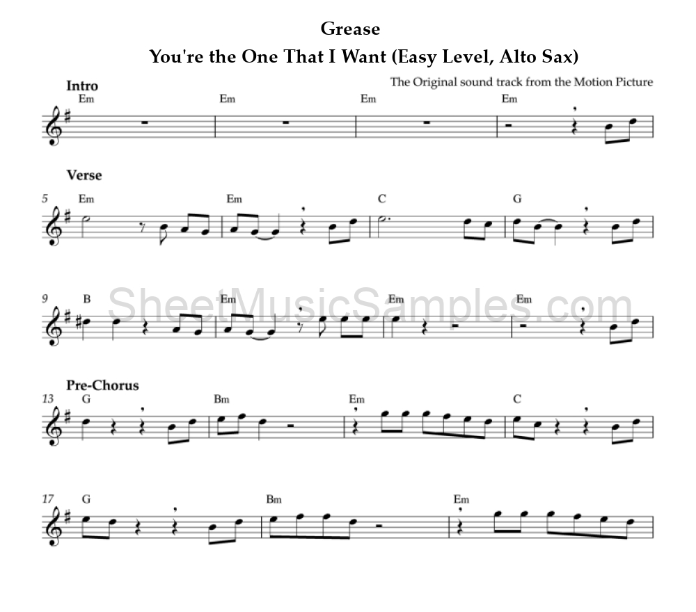 Grease - You're the One That I Want (Easy Level, Alto Sax)