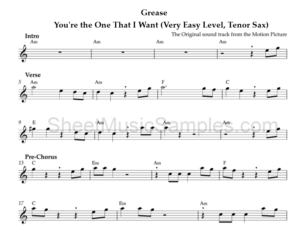 Grease - You're the One That I Want (Very Easy Level, Tenor Sax)