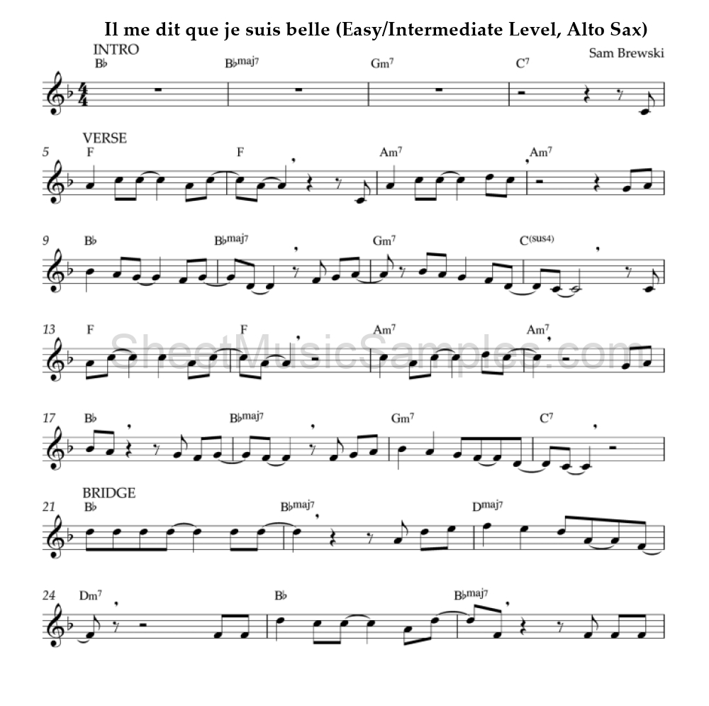 Il me dit que je suis belle (Easy/Intermediate Level, Alto Sax)