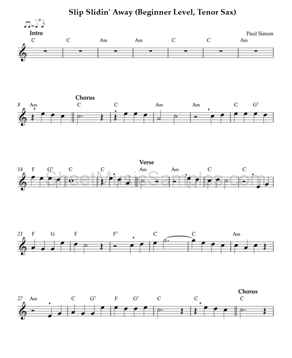 Slip Slidin' Away (Beginner Level, Tenor Sax)