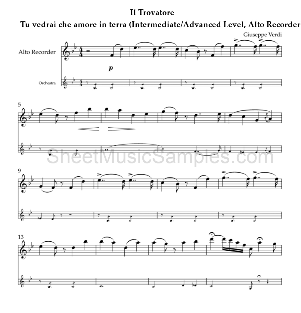 Il Trovatore - Tu vedrai che amore in terra (Intermediate/Advanced Level, Alto Recorder)