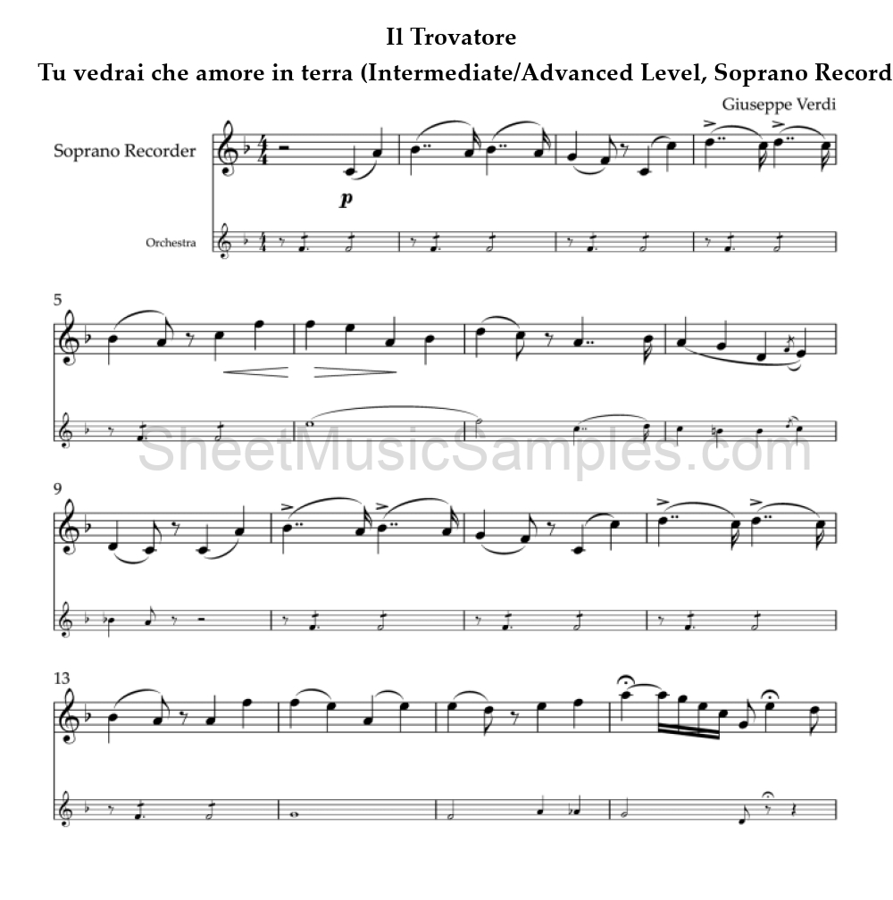 Il Trovatore - Tu vedrai che amore in terra (Intermediate/Advanced Level, Soprano Recorder)