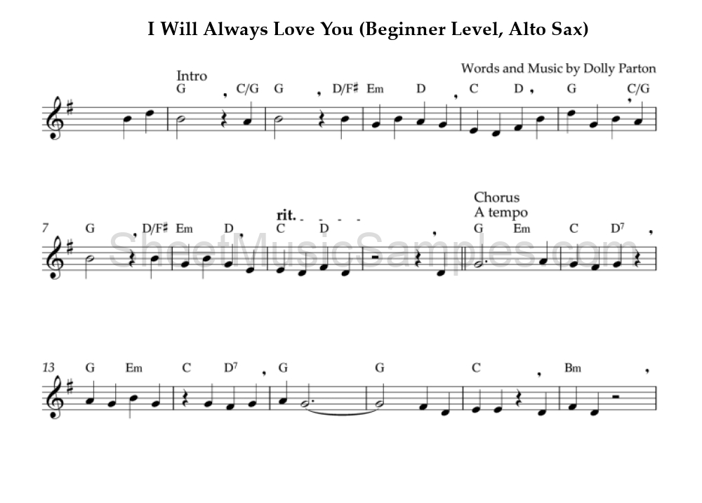 I Will Always Love You (Beginner Level, Alto Sax)