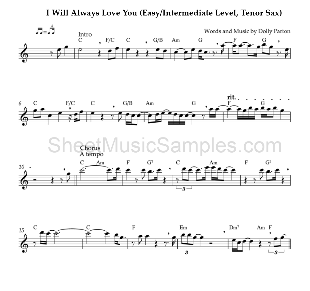 I Will Always Love You (Easy/Intermediate Level, Tenor Sax)