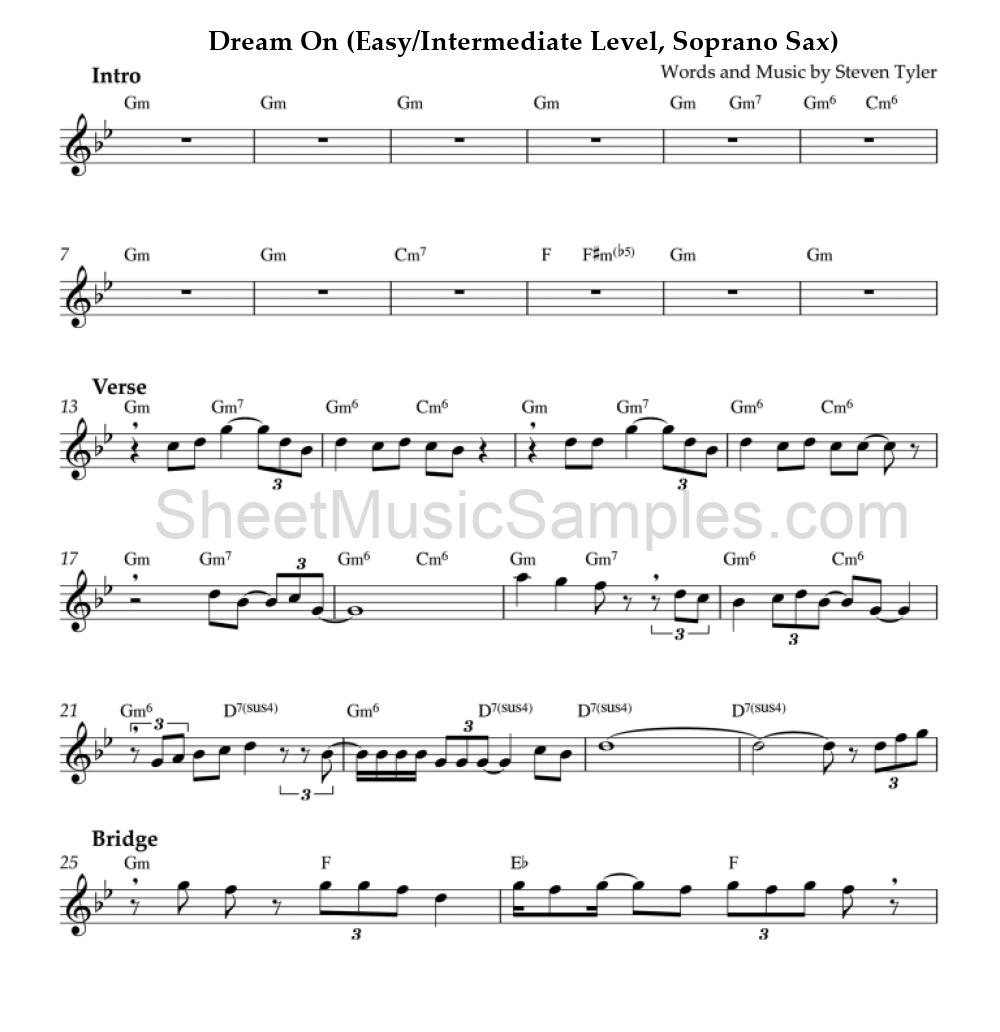 Dream On (Easy/Intermediate Level, Soprano Sax)